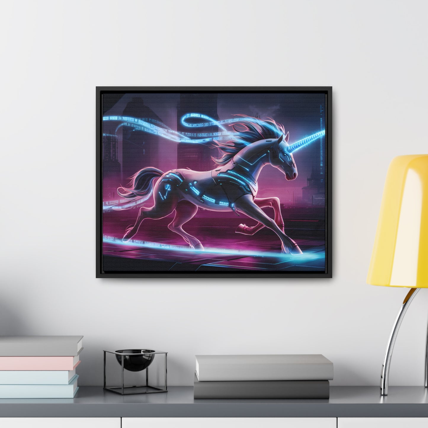 Cybernetic Unicorn in Neon Metropolis - Gallery Canvas Wraps, Horizontal Frame