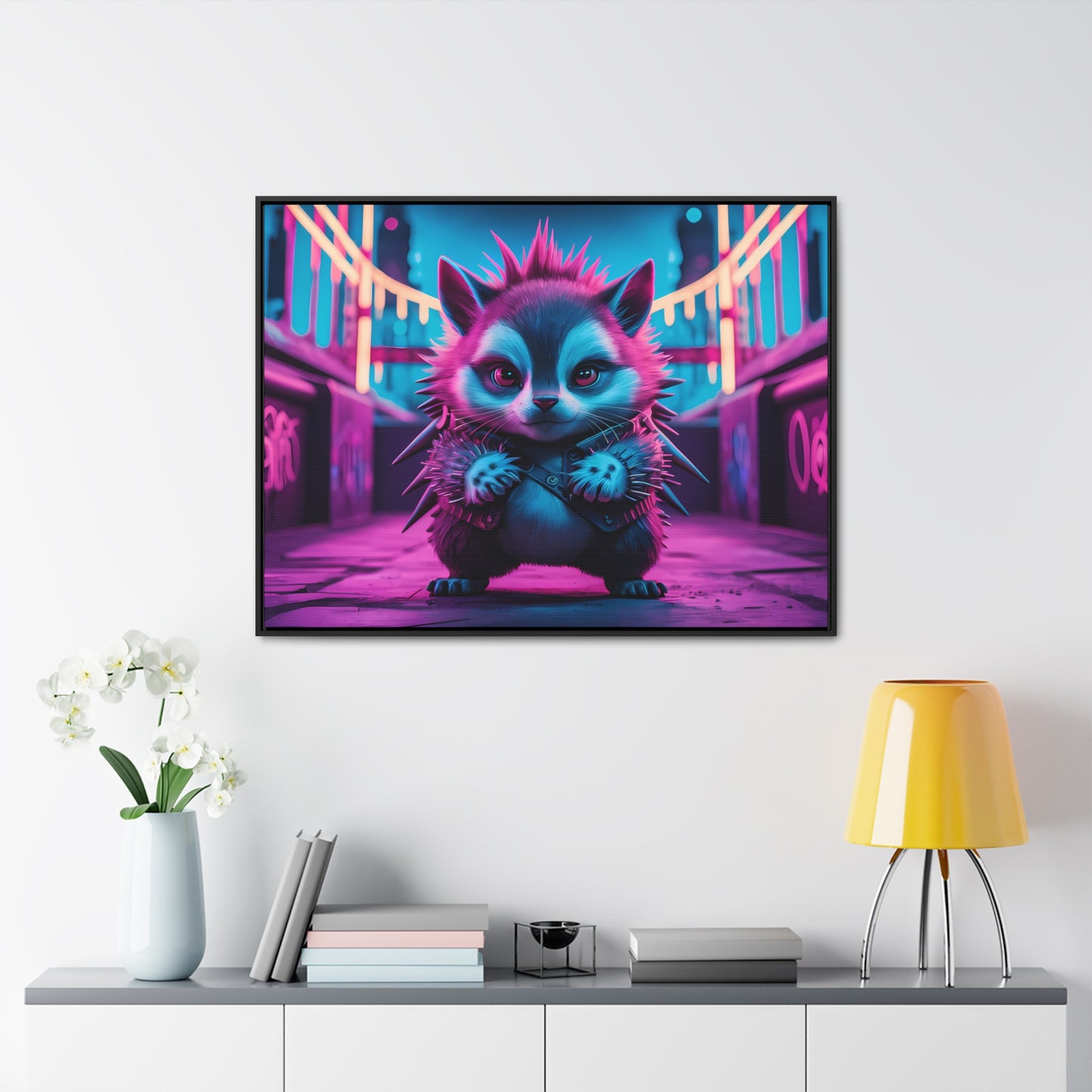 Punk Hedgehog in Neon City - Gallery Canvas Wraps, Horizontal Frame