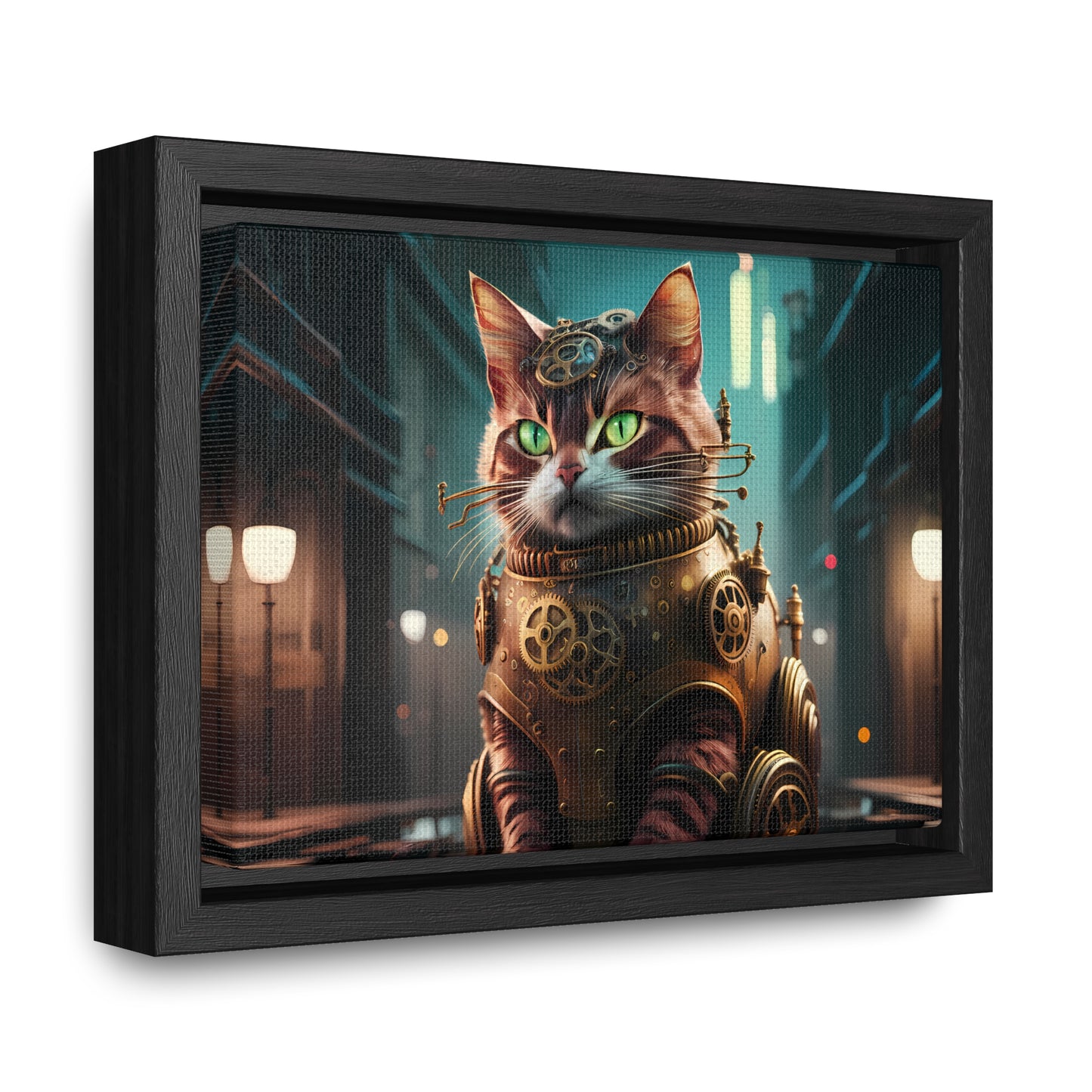 Clockwork Feline: Guardian of the Neon Alley - Gallery Canvas Wraps, Horizontal Frame