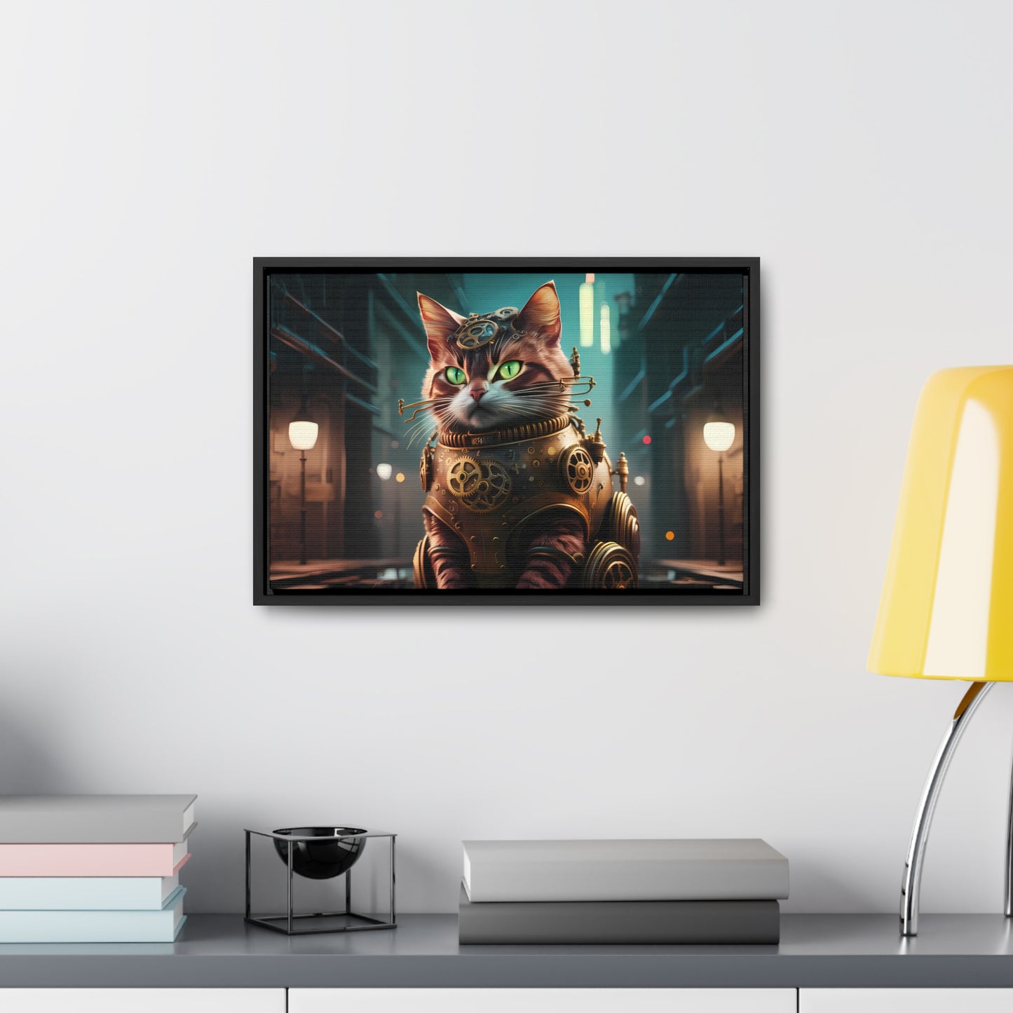 Clockwork Feline: Guardian of the Neon Alley - Gallery Canvas Wraps, Horizontal Frame