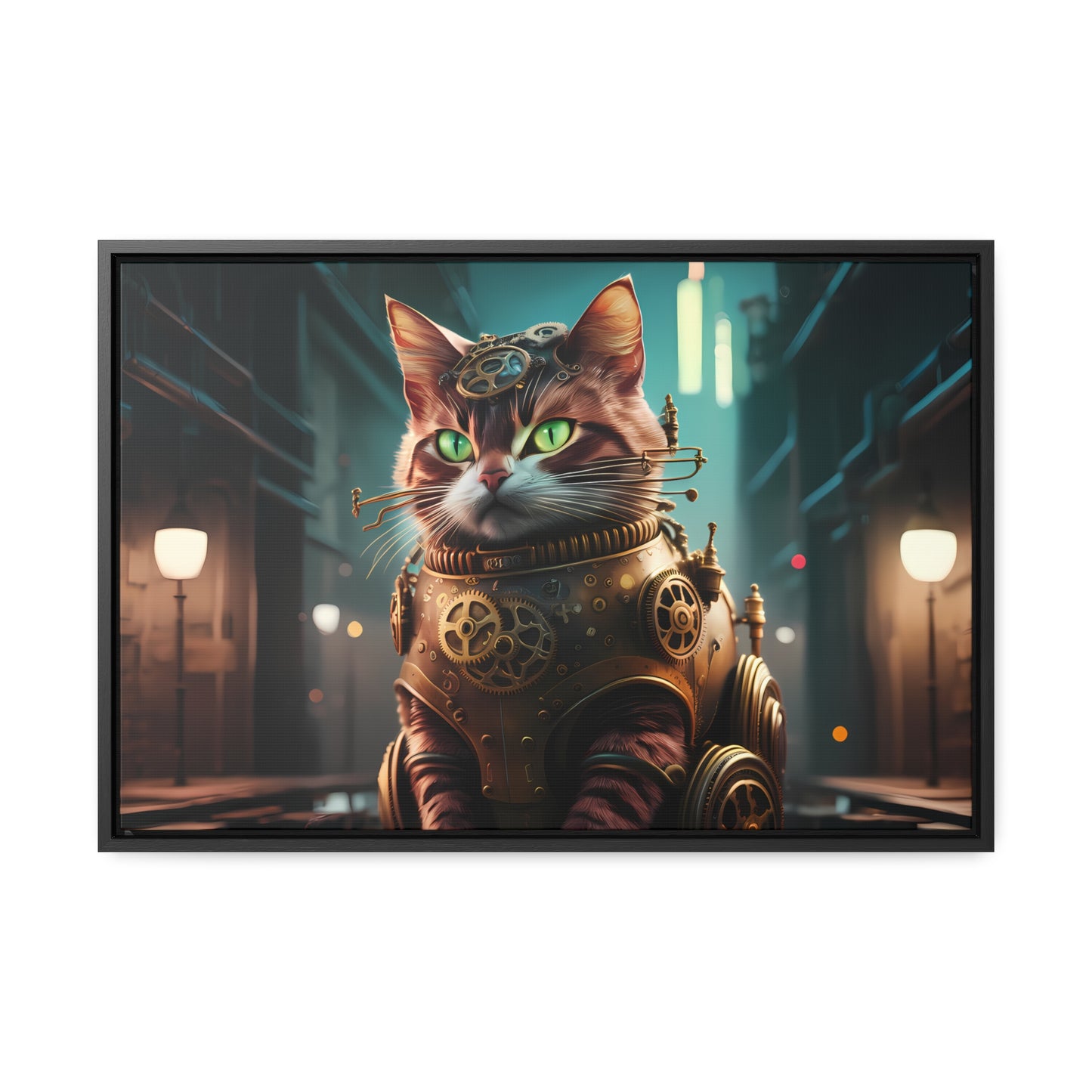 Clockwork Feline: Guardian of the Neon Alley - Gallery Canvas Wraps, Horizontal Frame