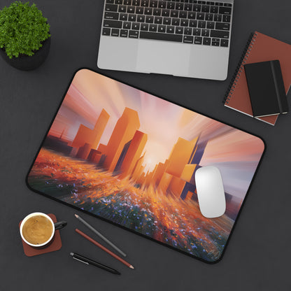 City Sunset behind a Flower Field - Desk Mat