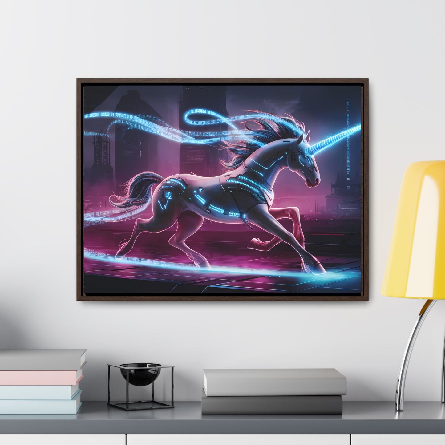 Cybernetic Unicorn in Neon Metropolis - Gallery Canvas Wraps, Horizontal Frame