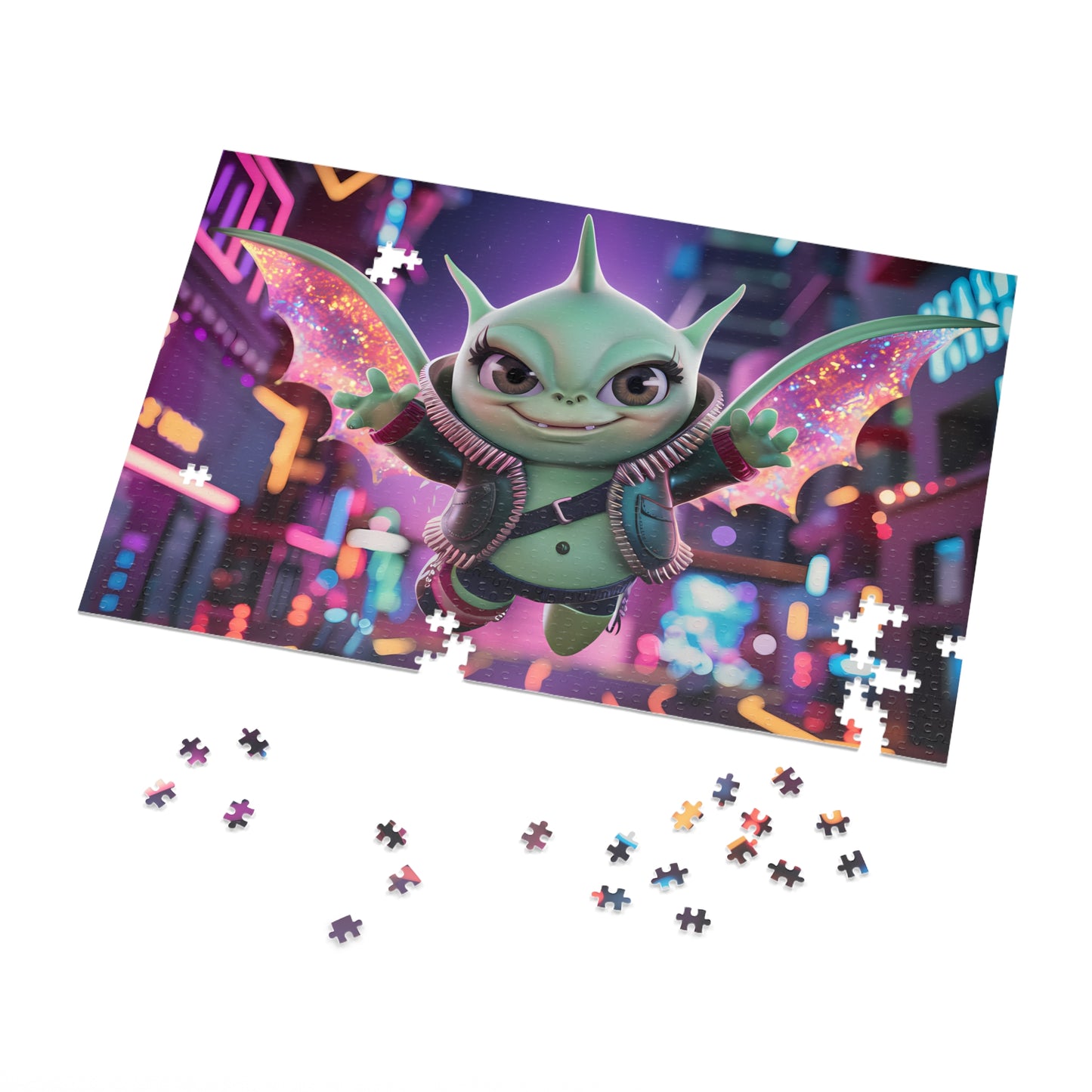 Cyberpunk Dragonling in Neon City - Jigsaw Puzzle (30, 110, 252, 500,1000-Piece)