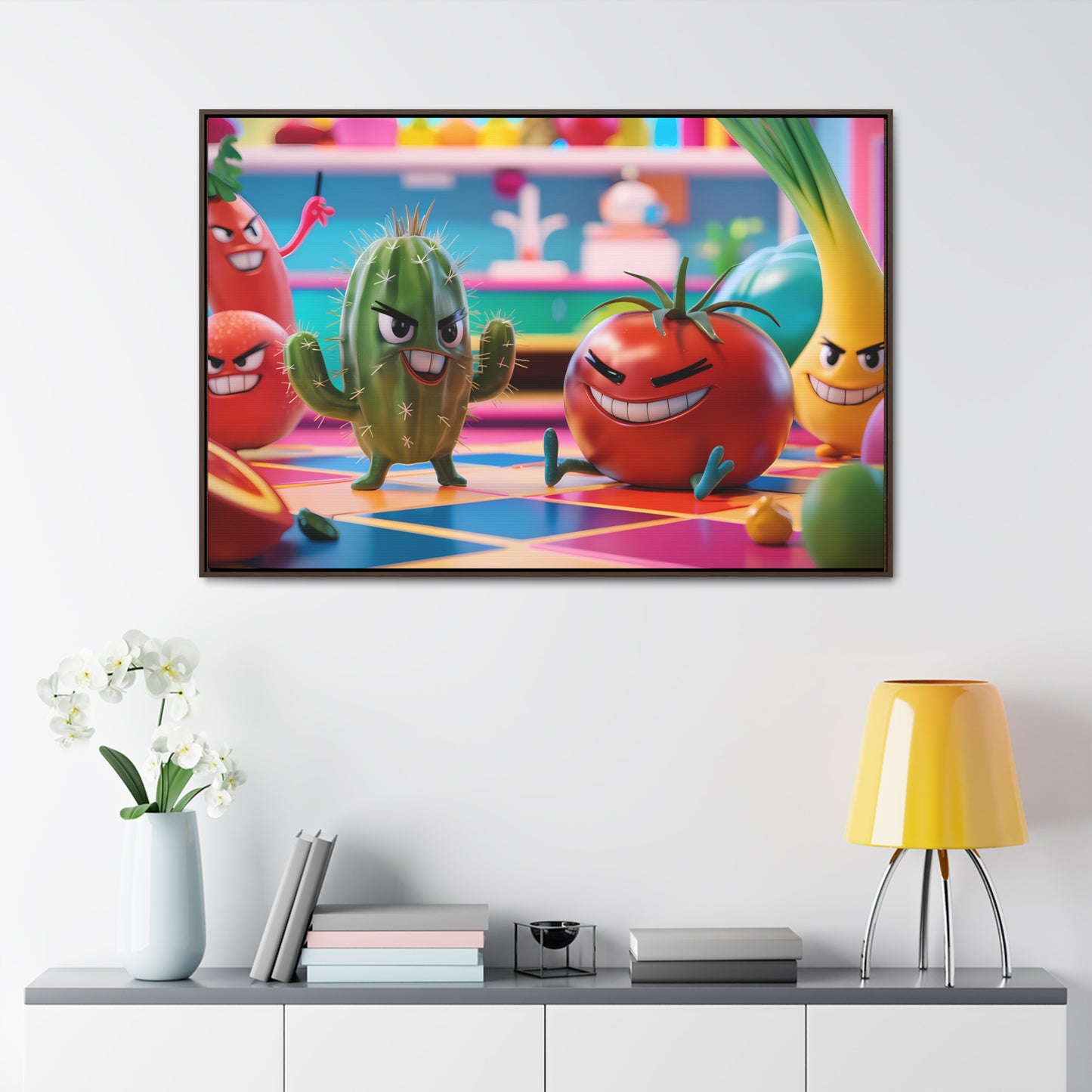 "Kitchen Showdown: The Produce Gang" - Gallery Canvas Wraps, Horizontal Frame