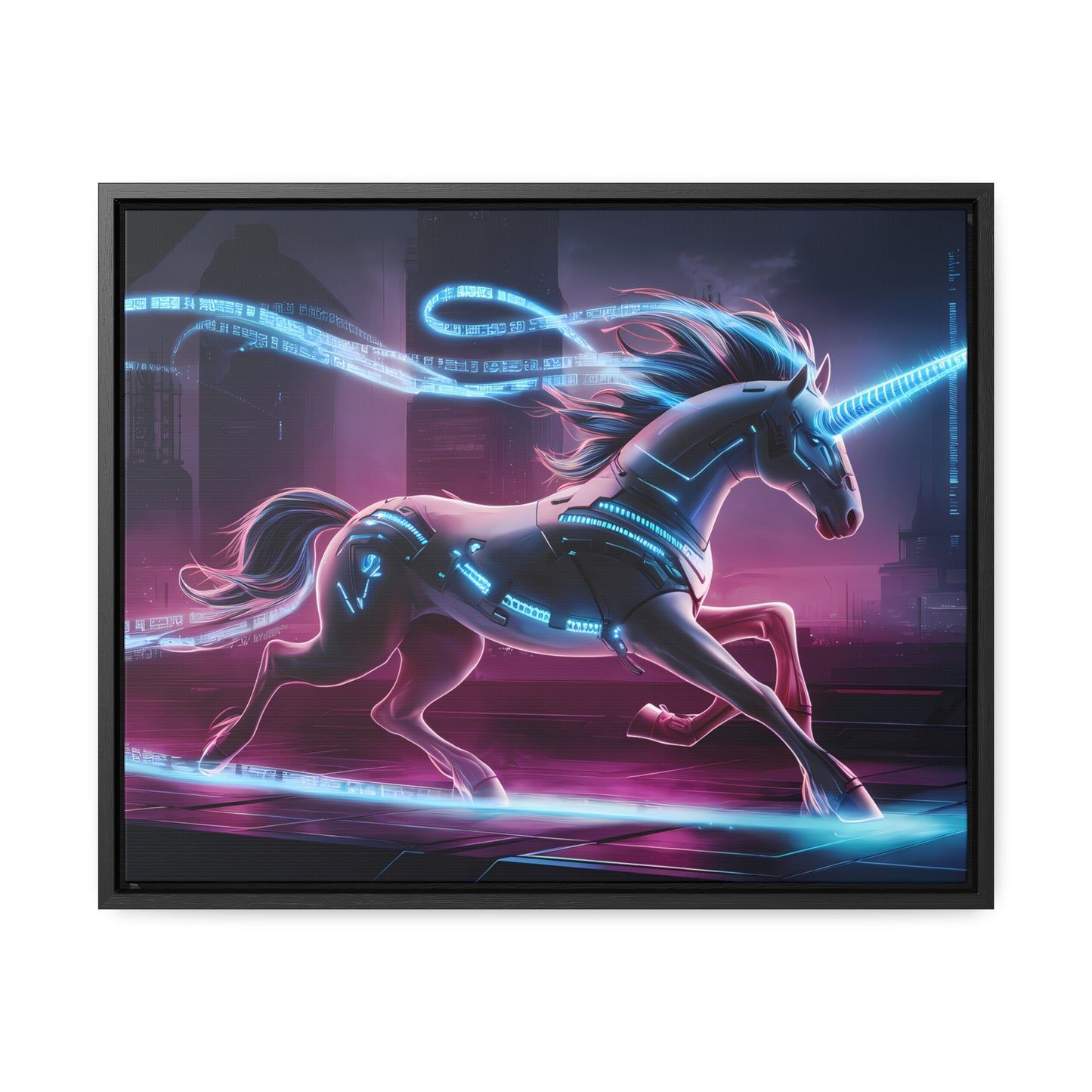 Cybernetic Unicorn in Neon Metropolis - Gallery Canvas Wraps, Horizontal Frame