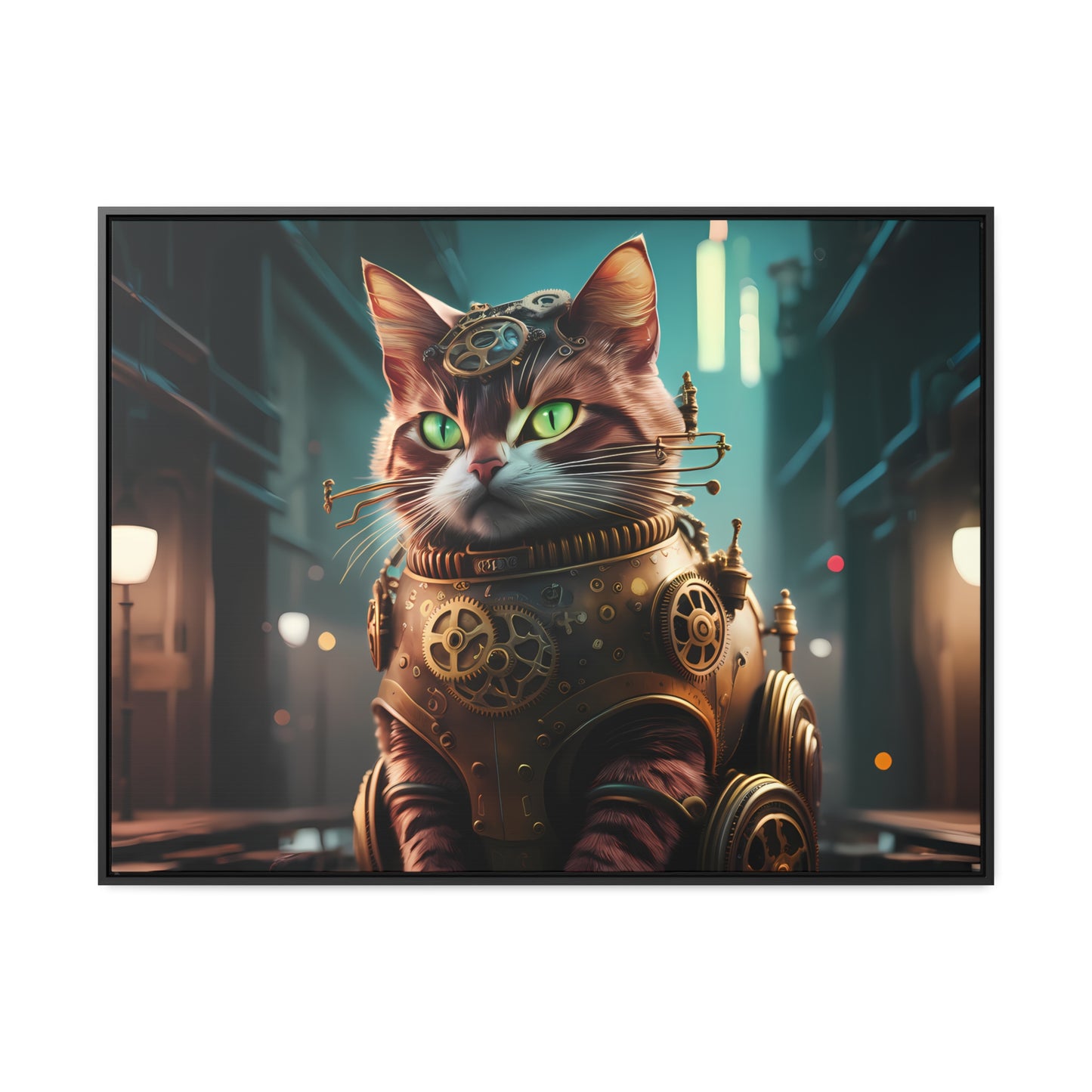 Clockwork Feline: Guardian of the Neon Alley - Gallery Canvas Wraps, Horizontal Frame