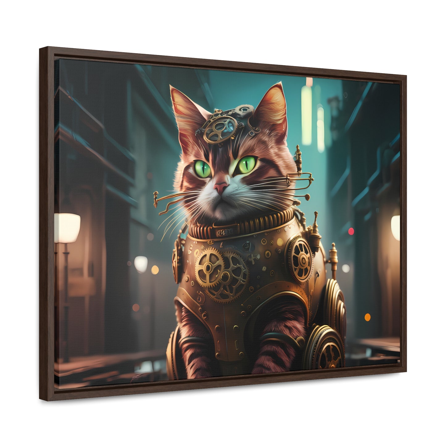 Clockwork Feline: Guardian of the Neon Alley - Gallery Canvas Wraps, Horizontal Frame