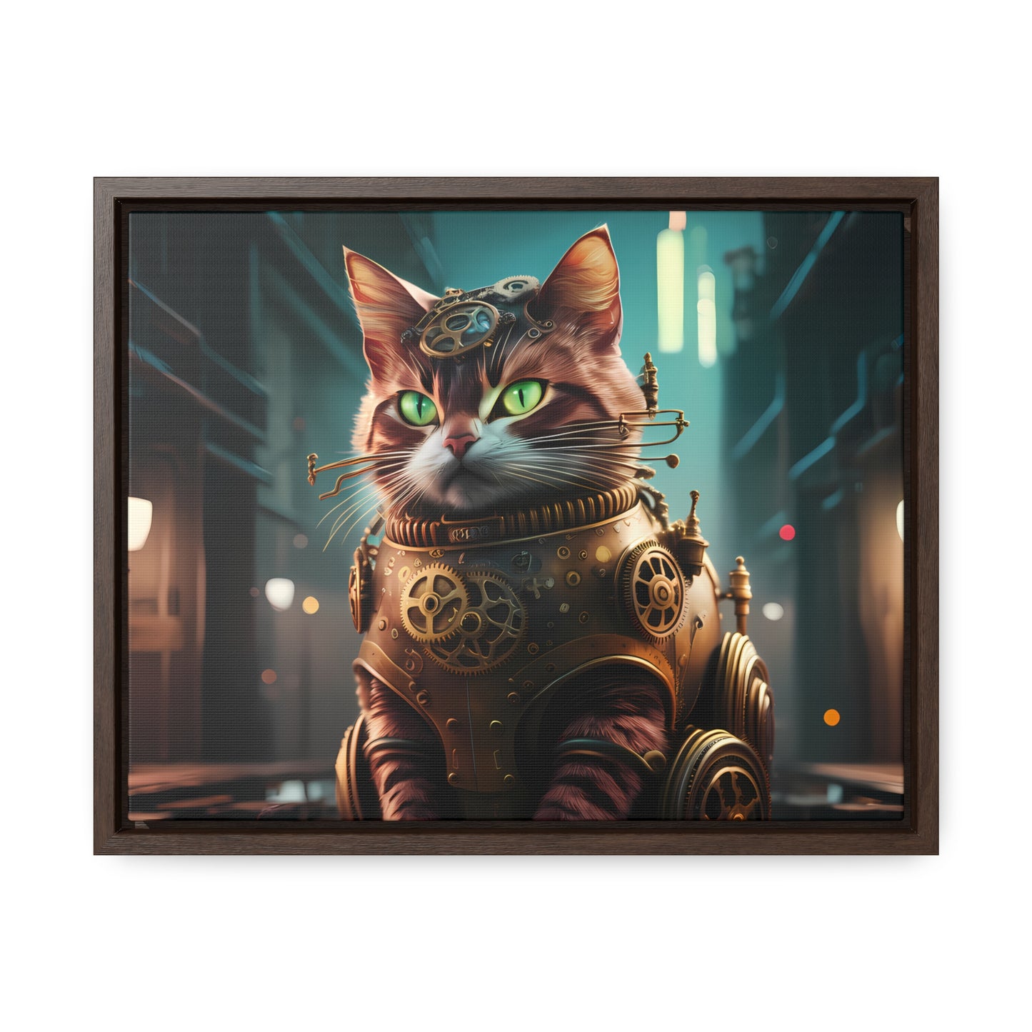 Clockwork Feline: Guardian of the Neon Alley - Gallery Canvas Wraps, Horizontal Frame